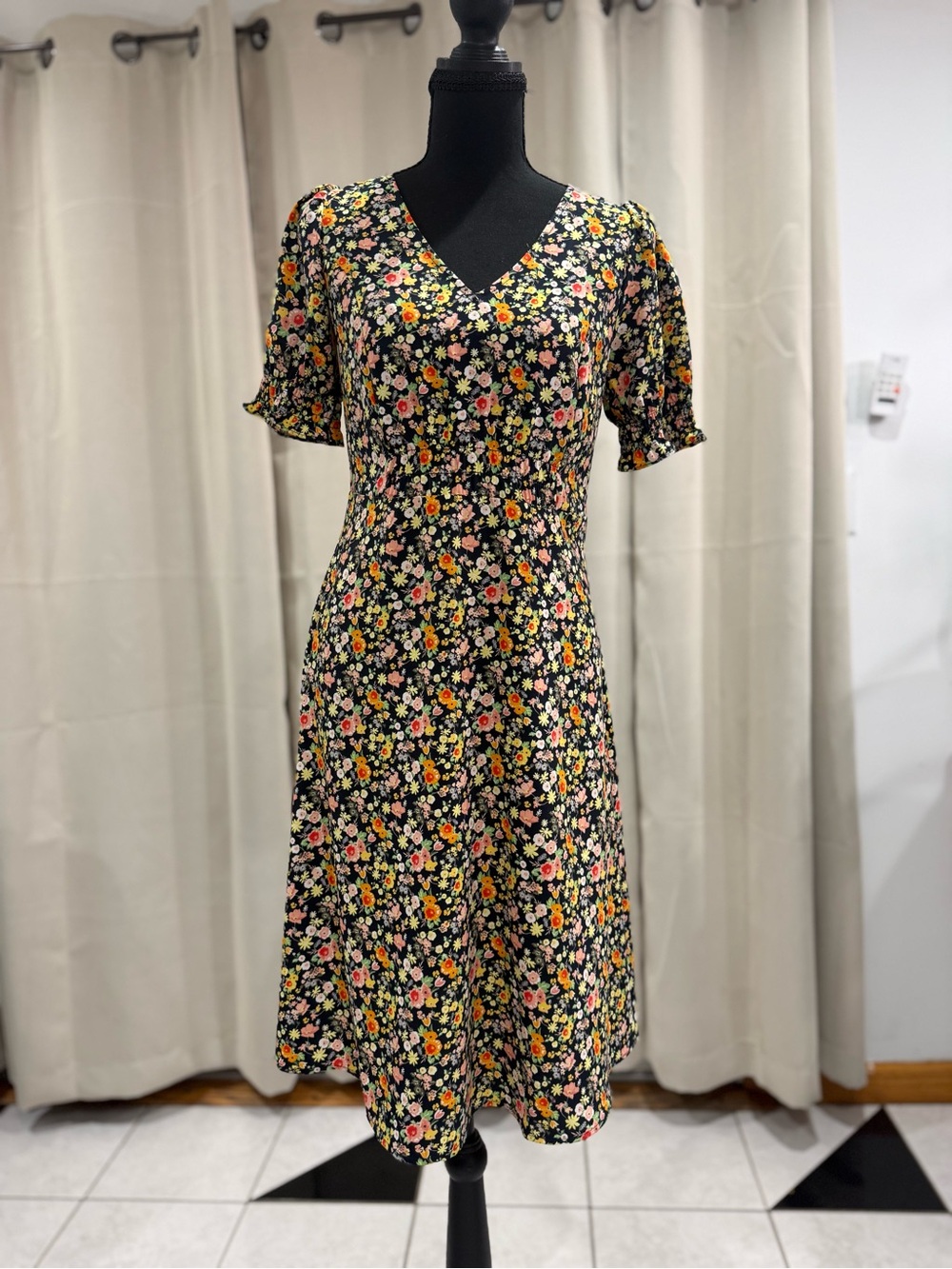 LOFT Black Floral Midi Dress with Pink & Yellow Flowers